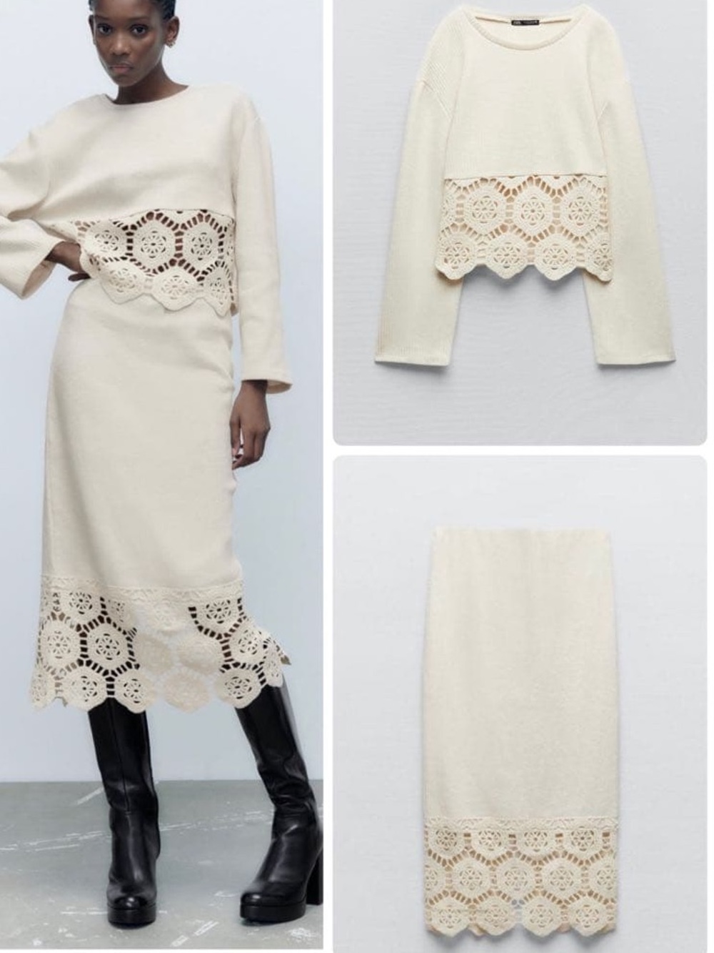 Zara NWT 2 piece SET - Cream Ribbed Skirt Crochet Hem, crochet hem top